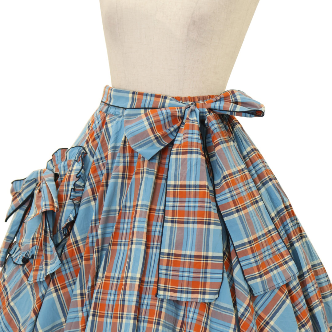 USED】ハートポケットサーキュラースカート【水色チェック×紺刺繍ロゴ