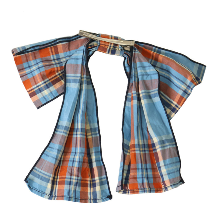 USED】ハートポケットサーキュラースカート【水色チェック×紺刺繍ロゴ