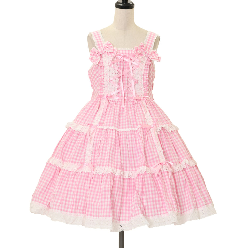 と*い様 肩リボンジャンパースカート ピンク USED】肩リボンジャンパースカート（ギンガム） | Angelic Pretty