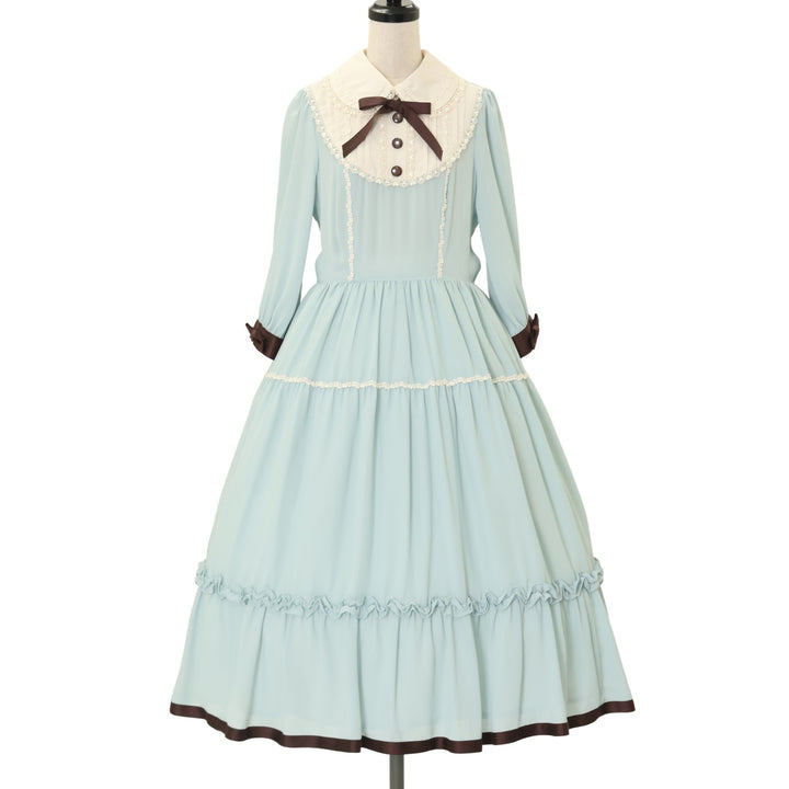 USED】【Mサイズ】丸衿ヨークティアードワンピース(ブルーグリーン