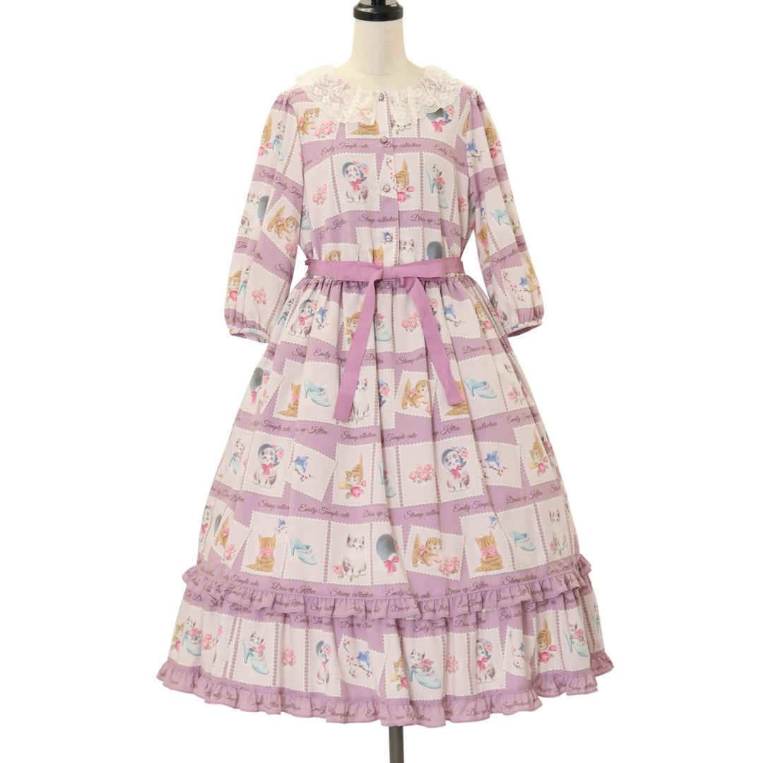 【1/25まで】丸衿ヨークピンクワンピース★Mサイズ★イノセントワールド USED】Kitten Stamp Collection ロングワンピース(ピンクパープル