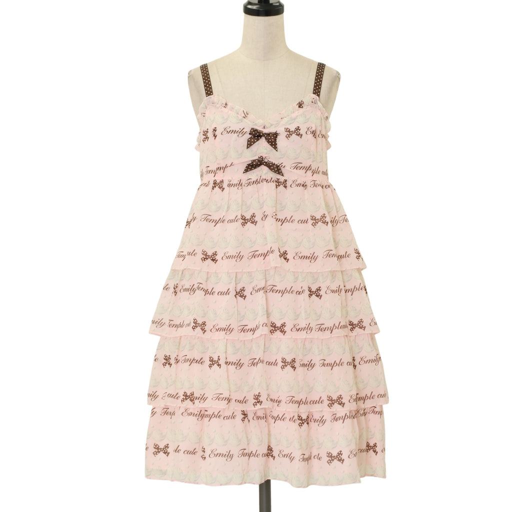 Emily Temple cute ジョーゼットロゴ＆クリームワンピース USED】ジョーゼットロゴ＆クリームpt.ノースリーブワンピース | Emily