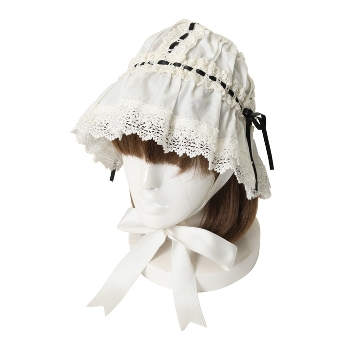 USED】フリルメイドキャップ(white x white lace x black ribbon