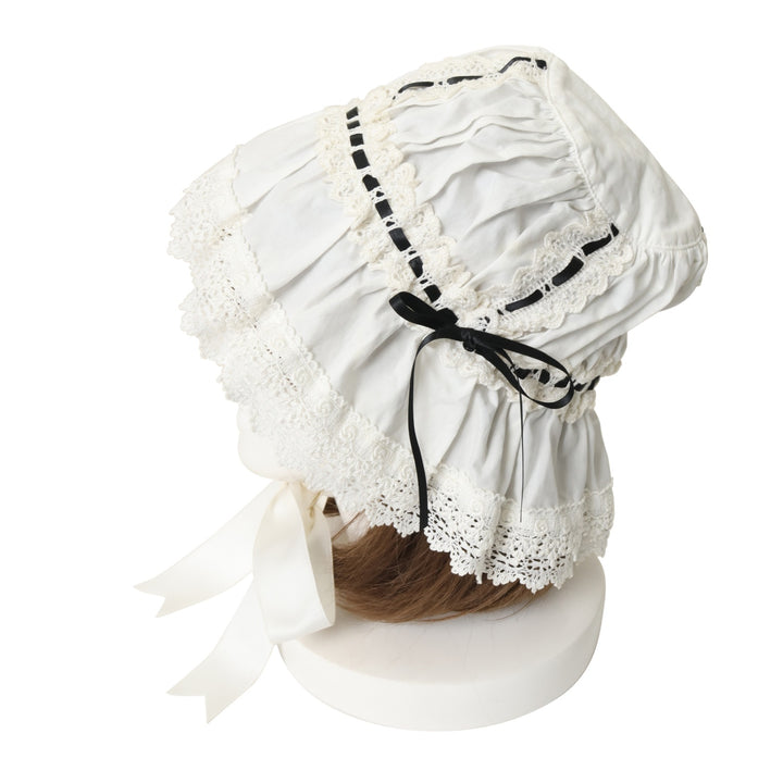 USED】フリルメイドキャップ(white x white lace x black ribbon