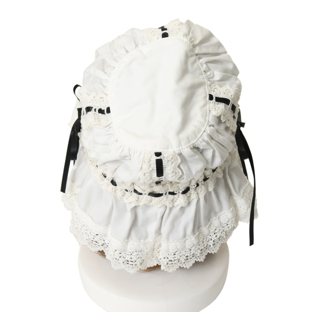 USED】フリルメイドキャップ(white x white lace x black ribbon