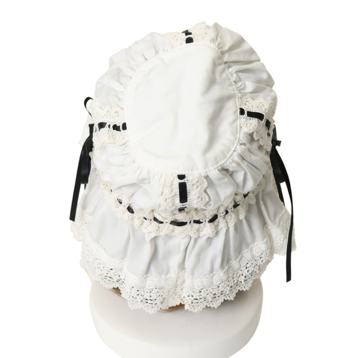USED】フリルメイドキャップ(white x white lace x black ribbon