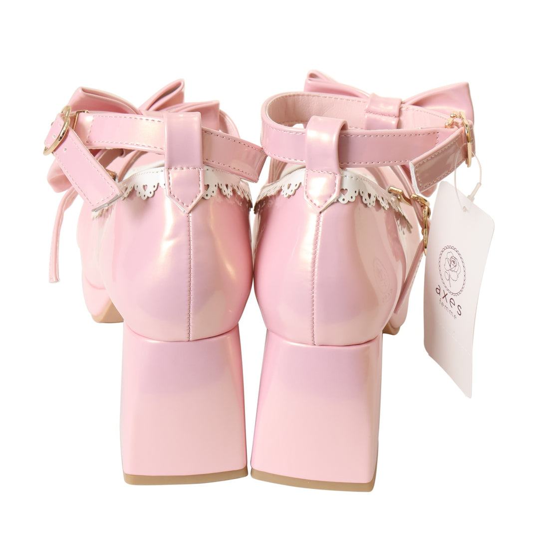 ピンク色のおりぼんが可愛いフランスの風鈴 USED】【axes femme kawaii/Lサイズ】ダブルリボンスカラップパンプス