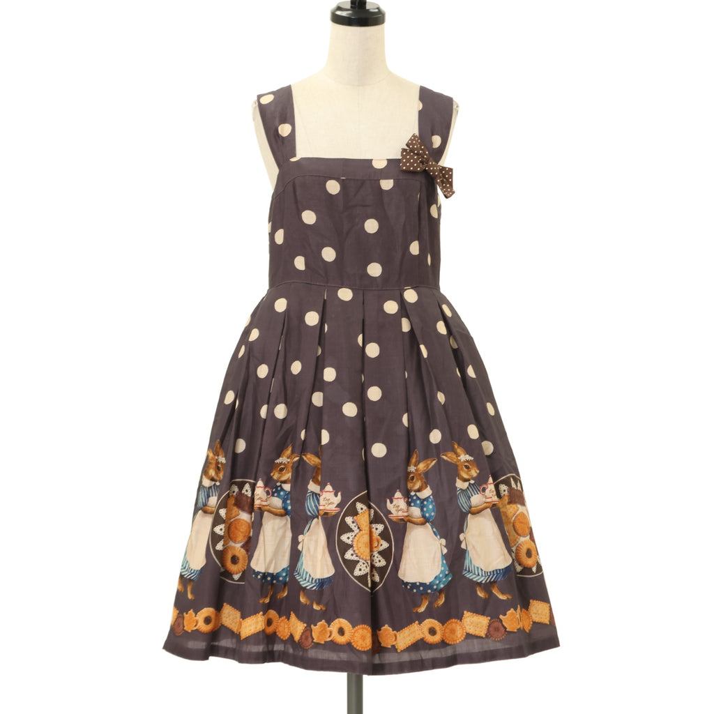 USED】『Rabbit tea time』プリント水玉ブローチ付キャミワンピース