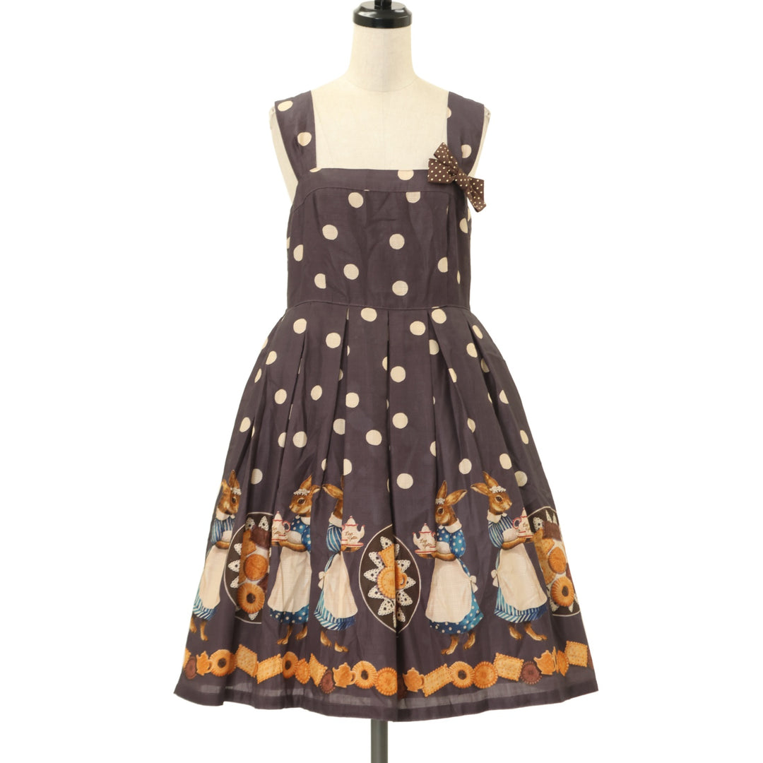 USED】『Rabbit tea time』プリント水玉ブローチ付キャミワンピース