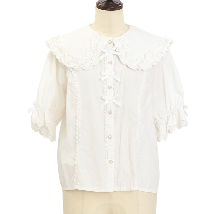 【美品】emm the shop 半袖丸襟トップス　ホワイト USED】【axes femme kawaii/Mサイズ】半袖丸襟コットンブラウス