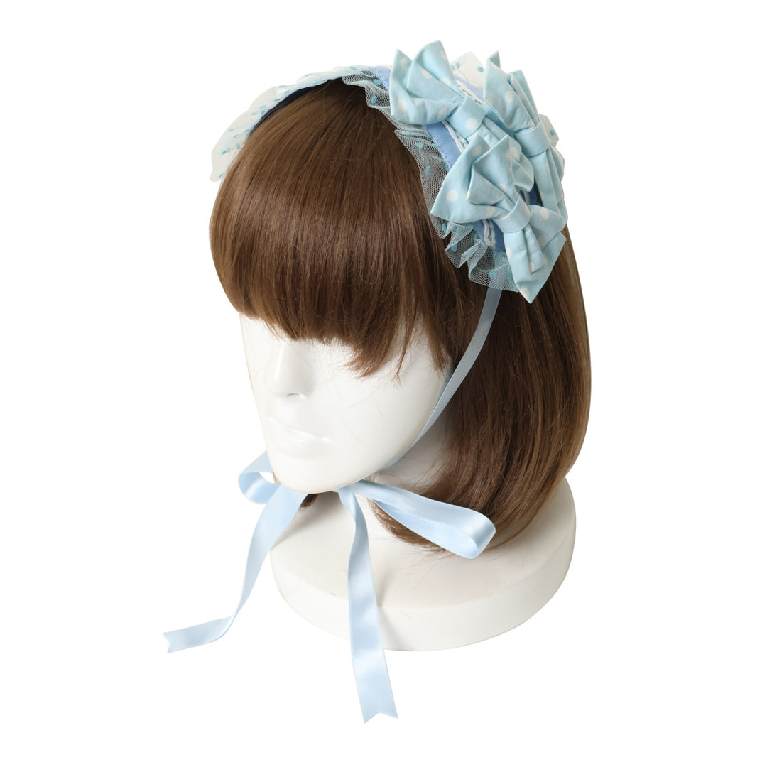 ♡ No.8 ドットリボンパールビジューとふわ雪ぽんぽんヘッドドレス blue♡ USED】トリプルドットリボンヘッドドレス | Angelic Pretty | ロリータ