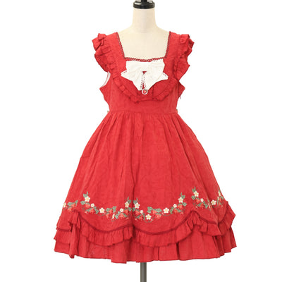【レア！美品】ルルゲッタ⭐︎バンビ&ブローチ⭐︎オリジナルプリントOP USED】ロゴ&ジャム瓶プリントリボンブローチ付ワンピース（オフ