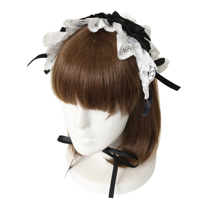 USED】サテンバラ付きタックプリーツヘッドドレス：黒×白レース
