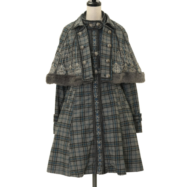 USED】croce シャンデリア刺繍チェックケープ付コート | Ozz On