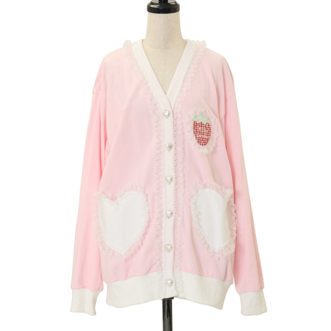 USED】薄手裏毛ワッペンカーディガン＜ギンガムいちご＞ | Nile Perch