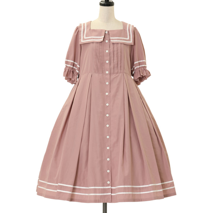 USED】半袖スクエアタックセーラーワンピース【ピンク×オフ白ライン