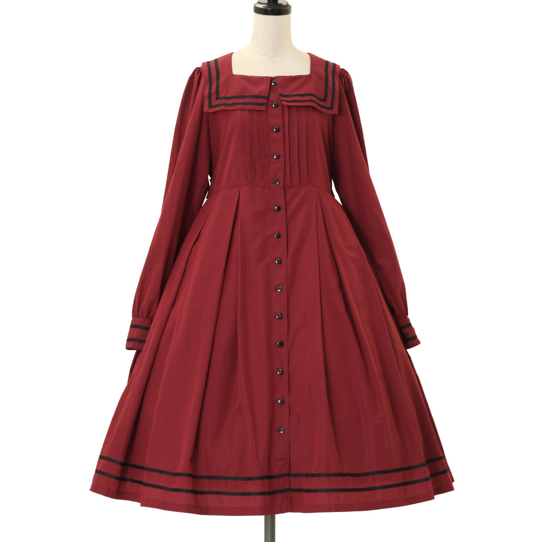 USED】スクエアタックセーラーワンピース【ボルドー×黒ライン