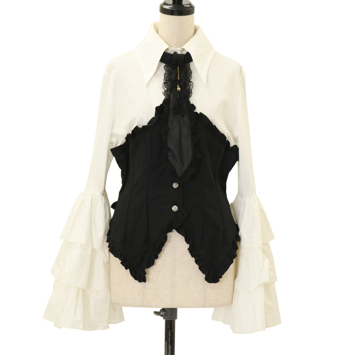 MARBLE 姫袖ブラウス 黒 白レース USED】レースネクタイ付コルセット風姫袖ブラウス | MARBLE Wunderwelt