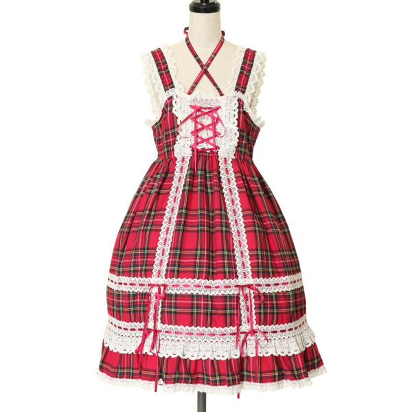 【激レア・希少☆】赤タータンチェックベビードールジャンパースカートです(^^)♡ USED】タータンチェックベビードールジャンパースカート（限定色ピンク