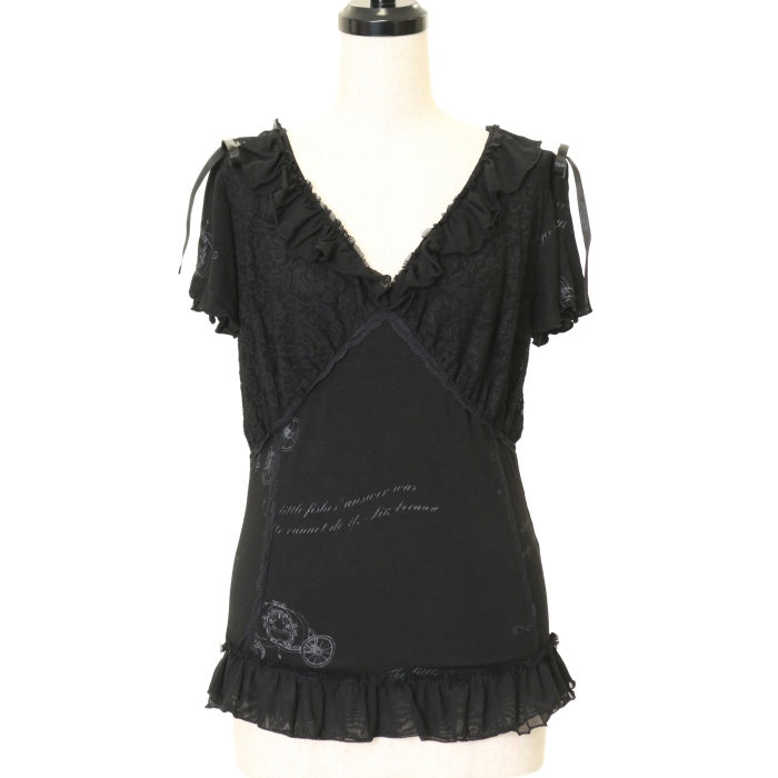希少 ♡ h.NAOTO FRILL トップス 馬車柄 USED】FRILL カボチャの馬車プリントフリルスリーブカットソー | h