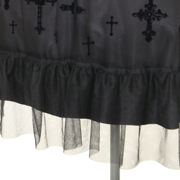 USED】【9号】十字架フロッキーハイウエストロングスカート(黒