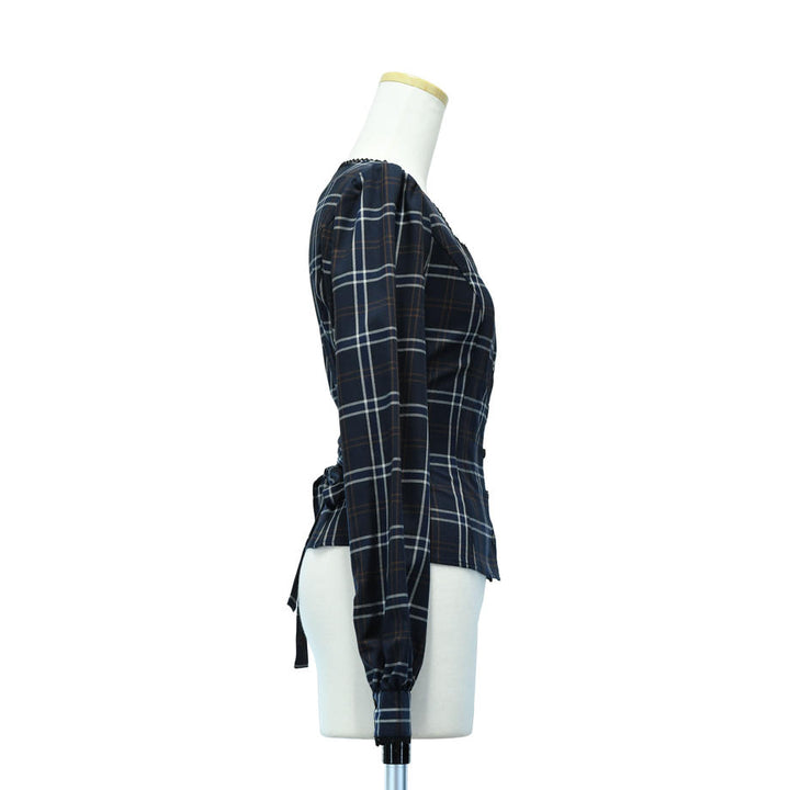 Sheglit スクエアネックブラウス（ネイビー） Square Neck Blouse (Check) | Sheglit | Wunderwelt Fleur