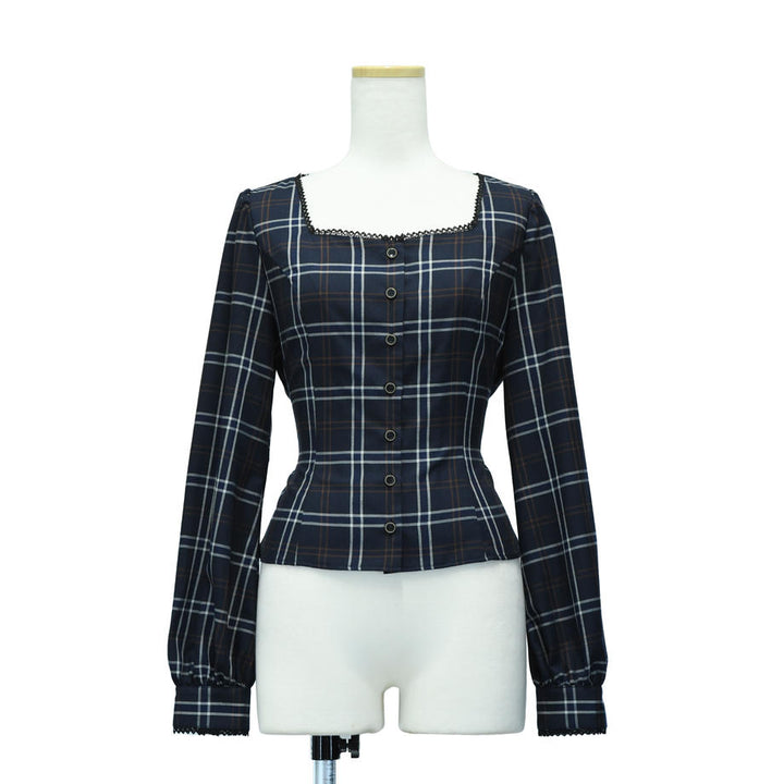 Sheglit スクエアネックブラウス（ネイビー） Square Neck Blouse (Check) | Sheglit | Wunderwelt Fleur