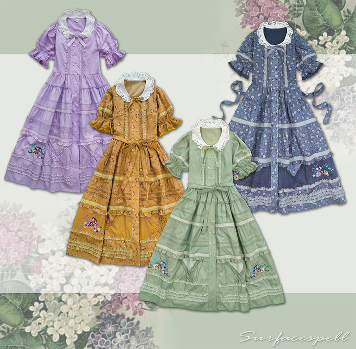 ワンダフルワールド 綿ローン 生成色 菫 すみれ ブーケ ワンピース There's pansies for thoughts すみれ刺繍前開きワンピース