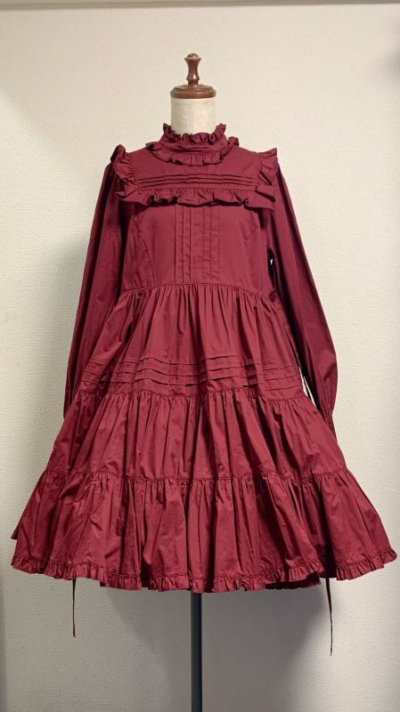 3段ティアード長袖小公女ドレス【綿・ボルドー