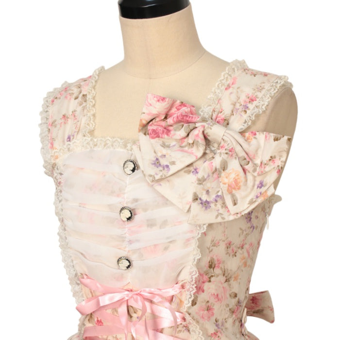 USED】シフォンフリル花柄ジャンパースカート+バレッタセット