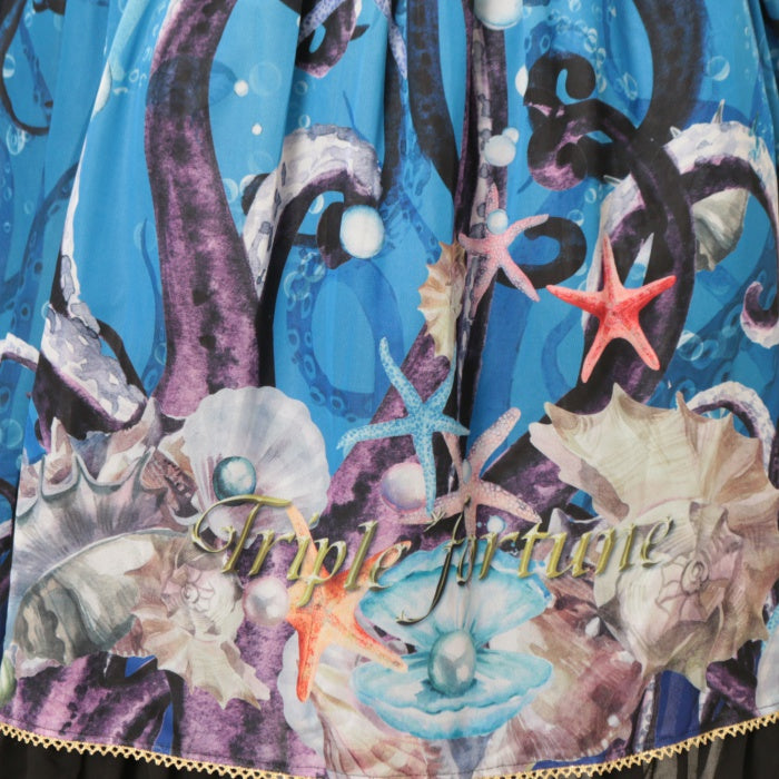 triplefortuneクラーケン柄ワンピース Triple fortune / クラーケンワンピース 青X黒 I-25-07-09-090-EL-OP