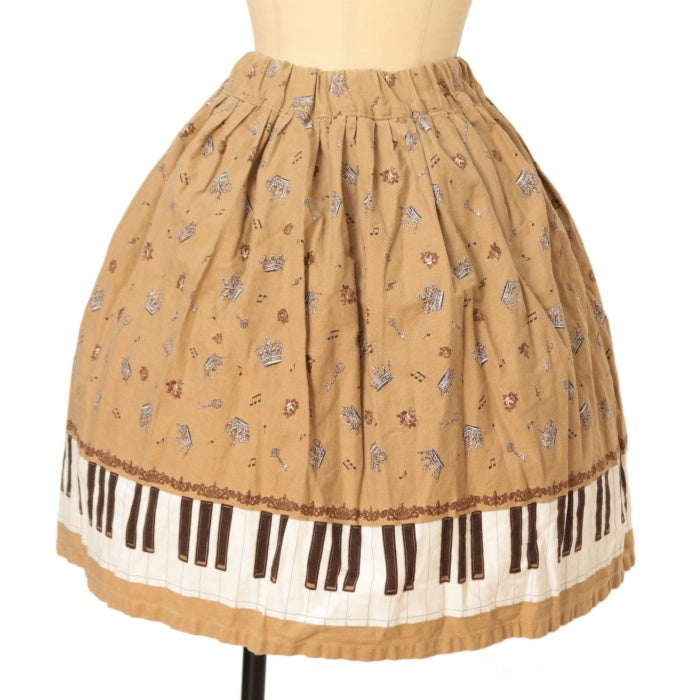 USED】ハンドメイドギャザースカート【鍵盤裾柄×王冠柄・カフェオレ