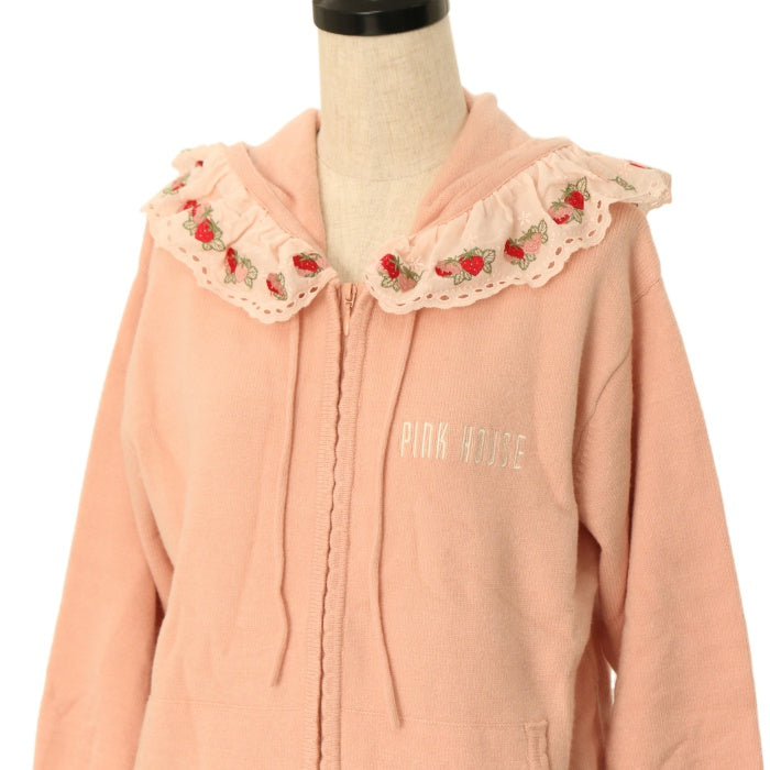 【メーカー直売】の商品をすべて USED】苺レース使いフードニットカーディガン HOUSE PINK | トップス