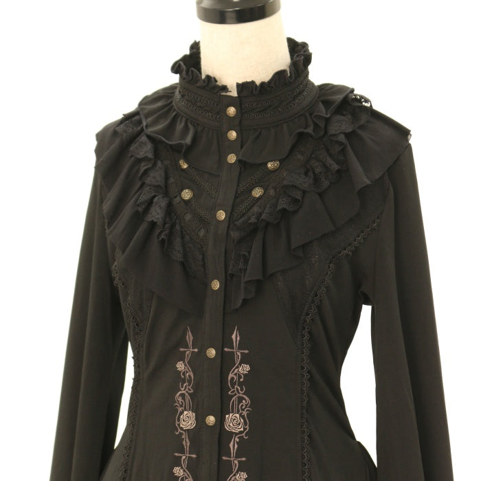 OZZ ANGELO OZZ ONスタンドカラー　フリル編み上げブラウス　薔薇黒 OZZ ANGELO OZZ ONスタンドカラー フリル編み上げブラウス 薔薇